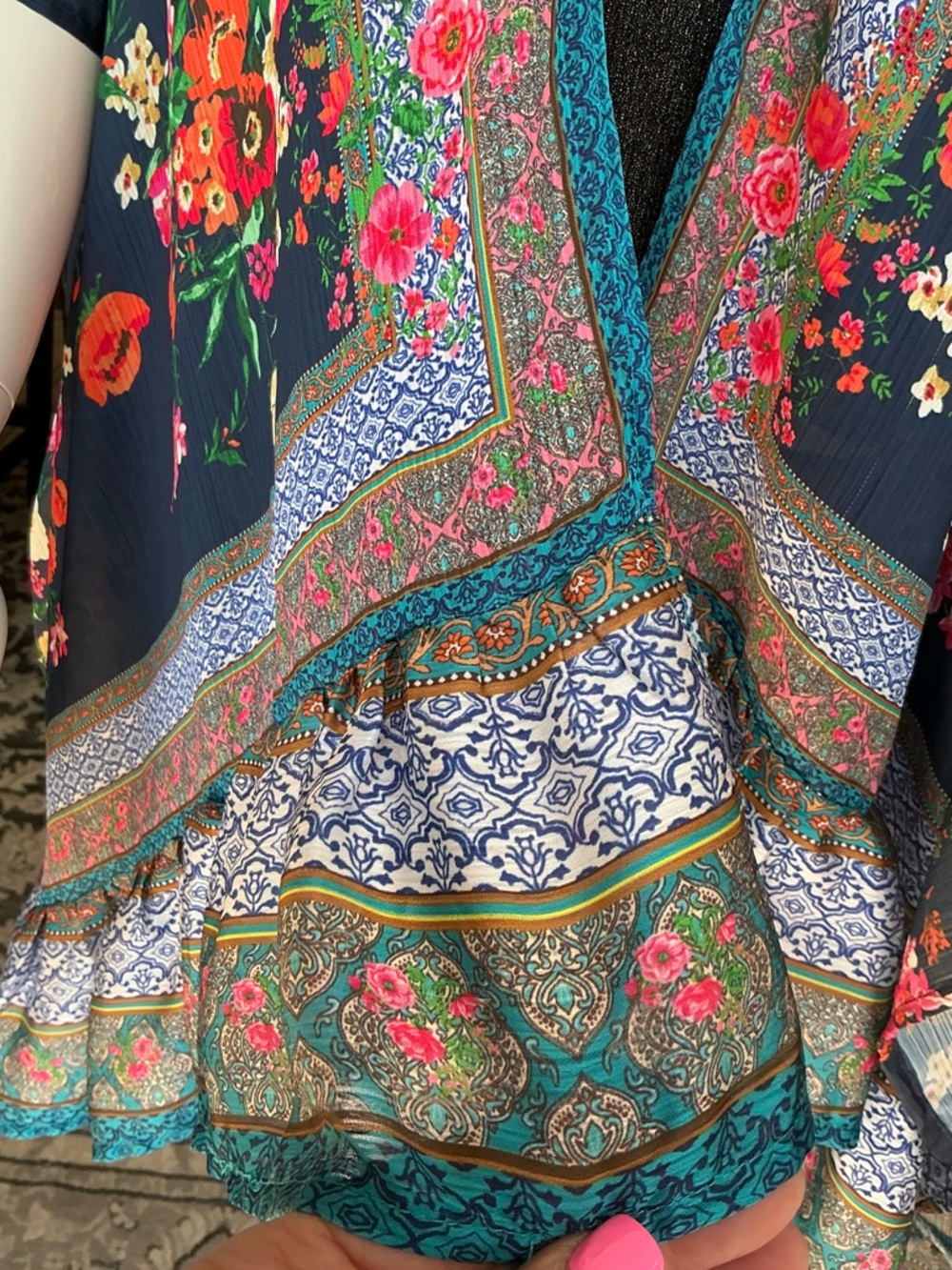 Umgee Fairy Draped Ruffle Trim Kimono Wrap Floral Hippie Relaxed Size M/L - Picture 10 of 13